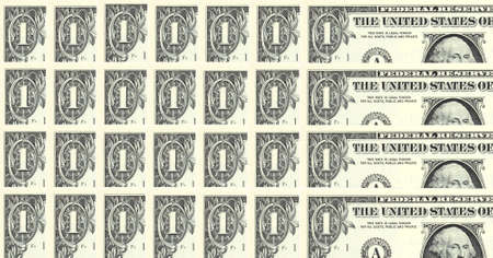 Several rows of new one dollar bills.