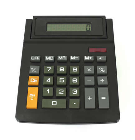 A used electronic calculator on a white background.の写真素材