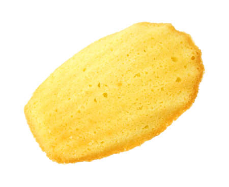 A single madeleine butter cookie on a white background. 