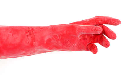 A heavy duty plastic glove with fingers curled on a white background.の写真素材