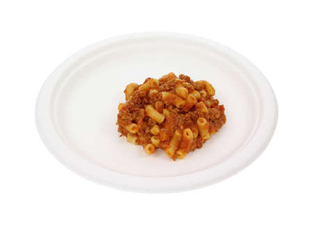 A serving of macaroni and beef on a paper plate on a white background. の写真素材