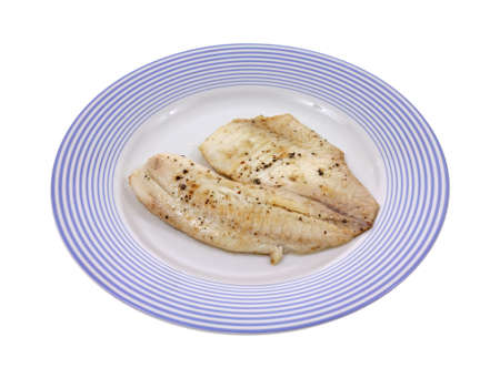 A fillet of tilapia on a blue striped plate. の写真素材