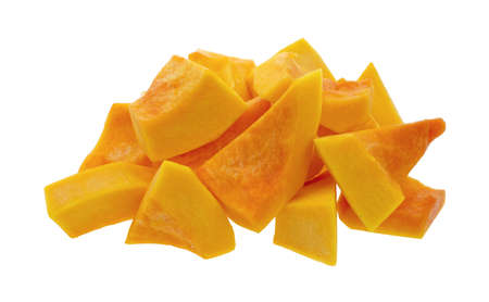 A group of cut and slice butternut squash chunks on a white background. の写真素材