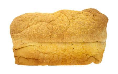 Side view of an English muffin loaf of bread on a white background 