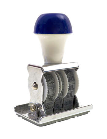 An old rubber stamp with white and blue handle on a white background  