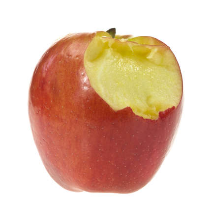 A Jazz variety apple that has been bitten on a white background  