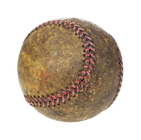 A dirty and grimy baseball that has been well used on a white background の写真素材