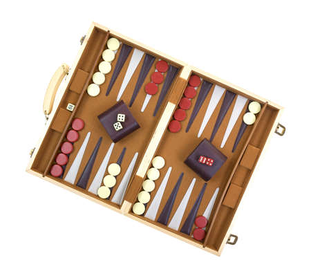 A backgammon game with pieces, dice, shakers and board on a white background 