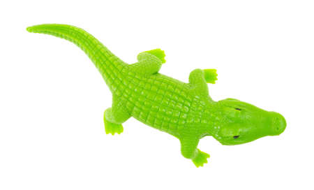 Top view of a small green toy plastic alligator on a white background の写真素材