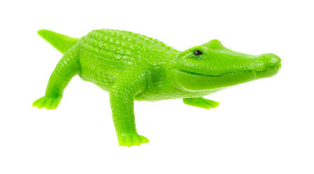 A small toy plastic green alligator on a white background の写真素材