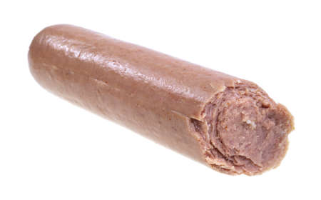 A single bologna sausage that has been bitten on a white background.の写真素材