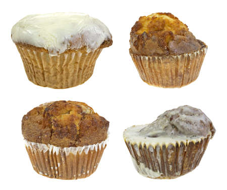 An iced chocolate chip muffin, french toast muffin, butter rum muffin and iced pumpkin spice muffin on a white background の写真素材