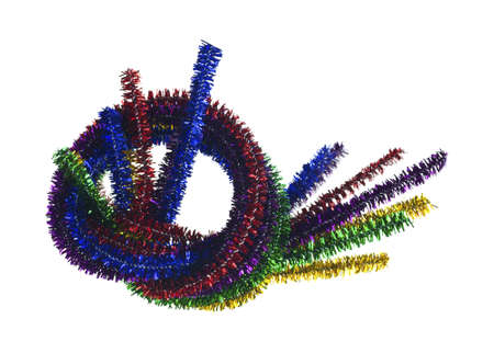 A group of fuzzy foil craft sticks in a knot on a white background.
