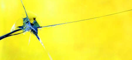 A close view of a cracked piece of glass on a bright yellow background.