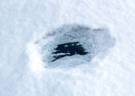 A small peek hole through a snow covered automobile windshield.の写真素材