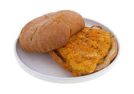 A freshly cooked breaded chicken sandwich on a small plate isolated atop white background.の写真素材