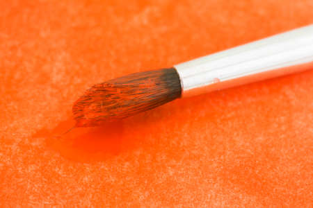 A bristle brush with orange watercolor paint atop a painted background.
