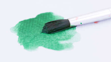 A splotch of green watercolor paint still wet with a bristle brush on top.の写真素材