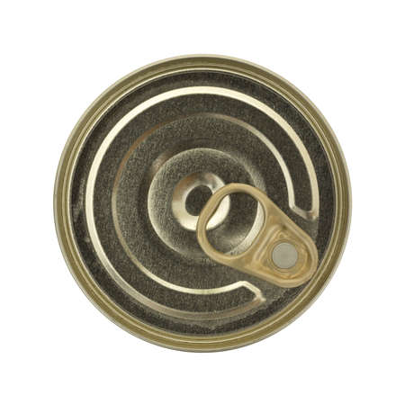 Top view of an unopened food tin can isolated on a white background.の写真素材