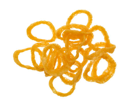 Top view of a serving of crunchy onion rings isolated on a white background.の写真素材