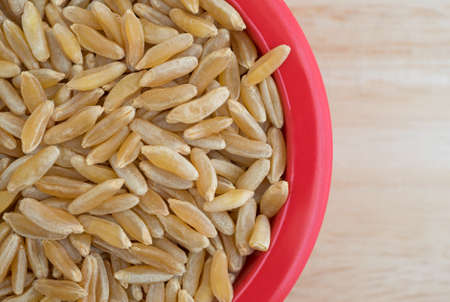 Top close view of a small bowl filled with kamut Khorasan wheat on a wood table top illuminated with...