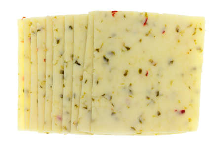 Top view of several slices of pepper jack cheese isolated on a white background.の写真素材