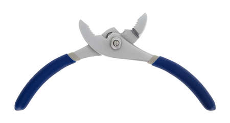 Wide open soft blue handle grip pliers isolated on a white background.