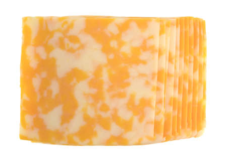Top view of a stack of Colby-Jack cheese slices isolated on a white background.
