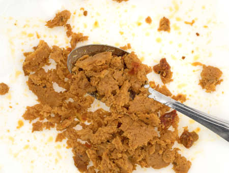 A portion of albacore tuna with sundried tomatoes and olive oil on a plate with a spoon.の写真素材