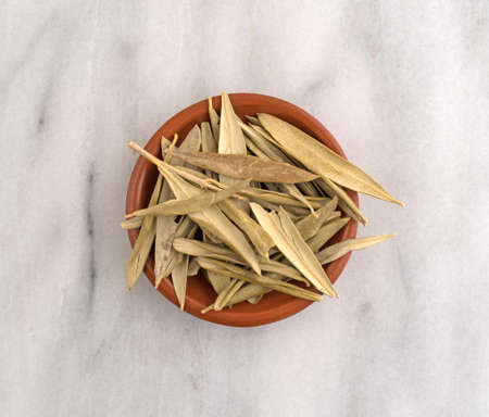 Top view of dried organic olive leaves in a bowl on a gray marble table.の写真素材