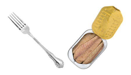 Top view of skinless mackerel fillets in olive oil in an opened tin with a fork to the side.の写真素材