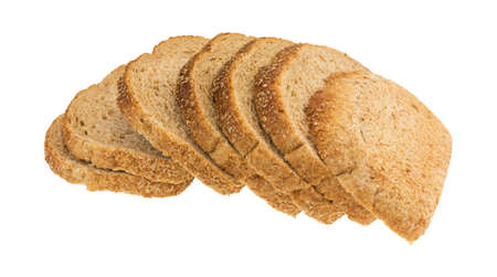 Several slices of all natural stone ground whole wheat bread isolated on a white background.