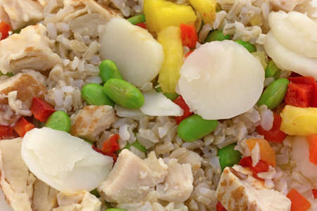 Close view of chicken, rice, water chestnuts, red peppers and pineapple chunks in a sauce.の写真素材