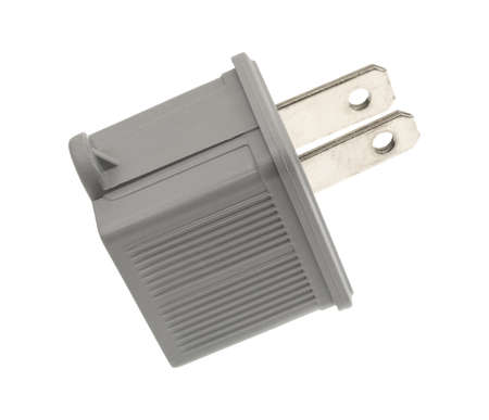 A three to two electrical polarized receptacle plug adapter isolated on a white background.
