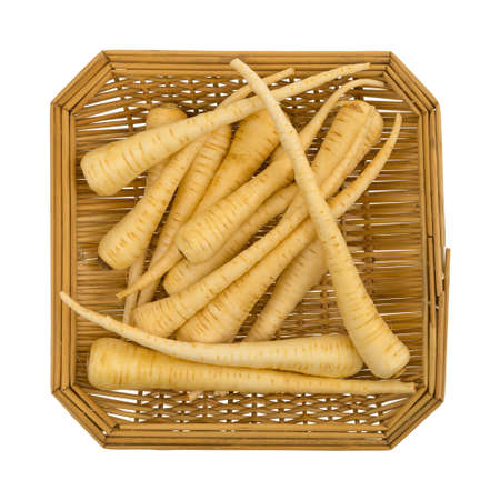 Top view of a small wood basket filled with whole parsnips isolated on a white background.の写真素材