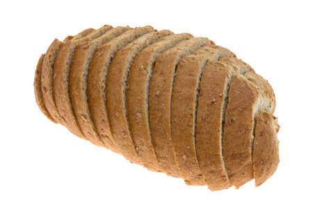 A small sliced loaf of wheat bread isolated on a white background.