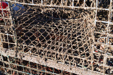 Close view of the woven inlet of a wire lobster trap.の写真素材