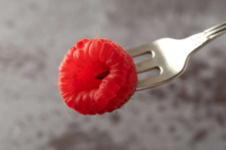 Overhead view of a freshly picked raspberry on a small fruit fork atop a gray background illuminated...