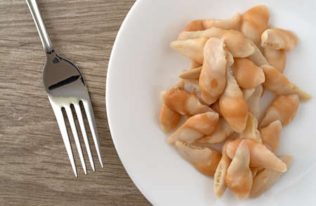 Top view of a serving of razor clams on a white plate with a fork to the side on a table illuminated with natural lighting.の写真素材