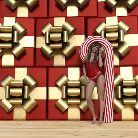 3d illustration of a woman in lingerie next to a candy cane in front of large ribbon wrapped gift boxes smiling.の写真素材