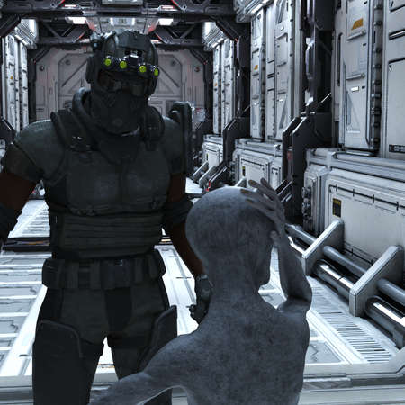 3d illustration of a soldier talking to a confused gray alien in a long hallway.