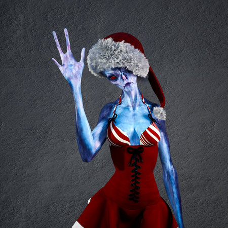 3d illustration of a female alien wearing a skimpy red outfit and Christmas hat with a hand up waving unsmiling in a room with a gray wall.の写真素材