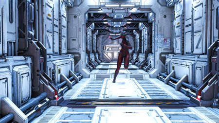 3d illustration of a helmeted woman wearing goggles and a skin tight suit running down a long...
