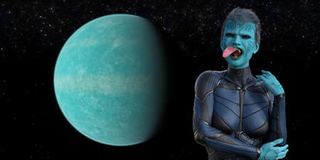3d illustration of a blue female alien with skin carving and a very long tongue with a planet and space in the background.の写真素材