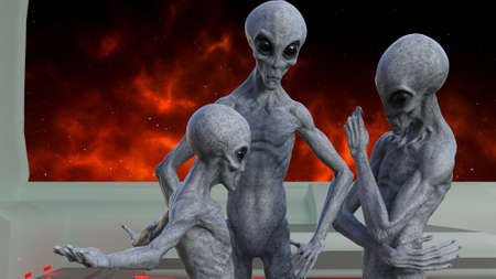 3d illustration of a group of gray aliens talking to each other with one having arms outstretched...