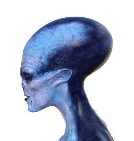 3d illustration of the head and neck of a blue alien with mouth slightly open on a white background.