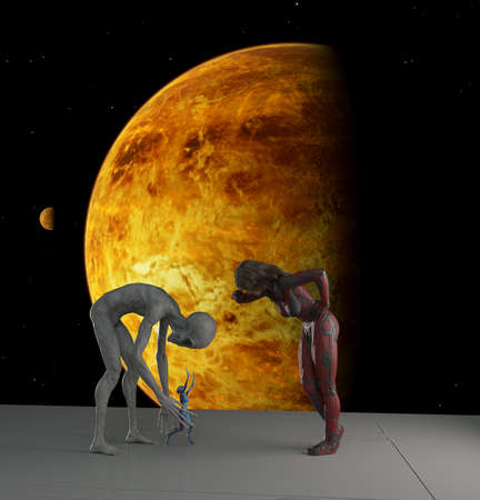 3d illustration of a woman and a gray alien reaching for a small extraterrestrial on a platform with a bright yellow planet and moon in space in the background.の写真素材