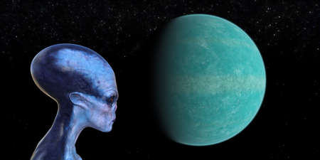 3d illustration of a blue alien with an elongated skull in space with a planet and stars in the...