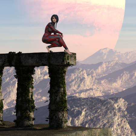 3d illustration of a beautiful woman wearing a form fitting red and black leather outfit with bare feet crouching atop ancient ruins on an alien world.の写真素材