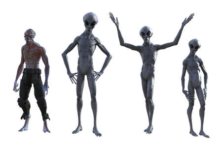 3d illustration of a group of three gray aliens and another extraterrestrial specie standing in various poses isolated on a white background.の写真素材